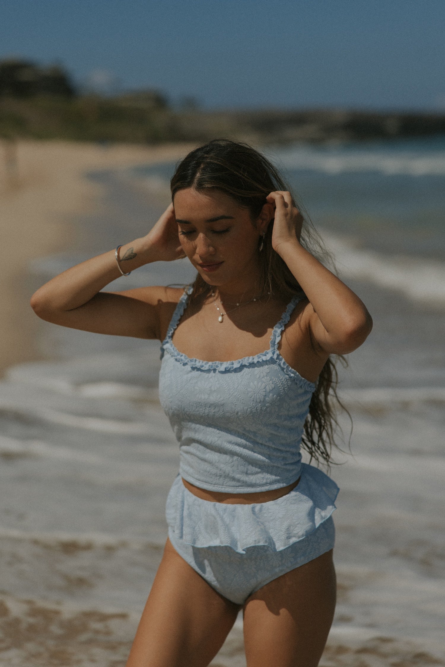 Azure Top | Textured Light Blue Scoop Neck Ruffle Tankini Top