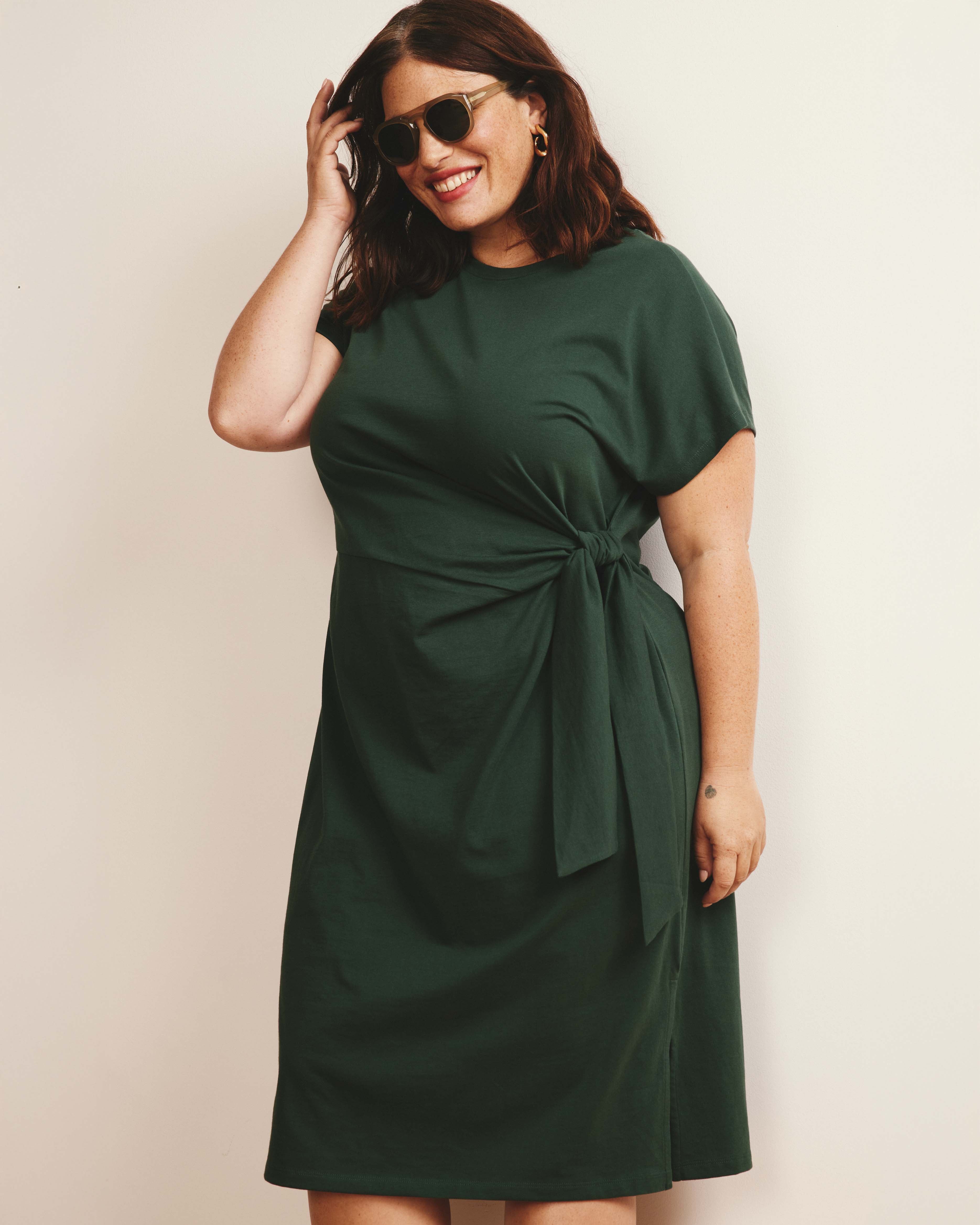 Crescent Breton Stripe Knot Dress - Solid Conifer