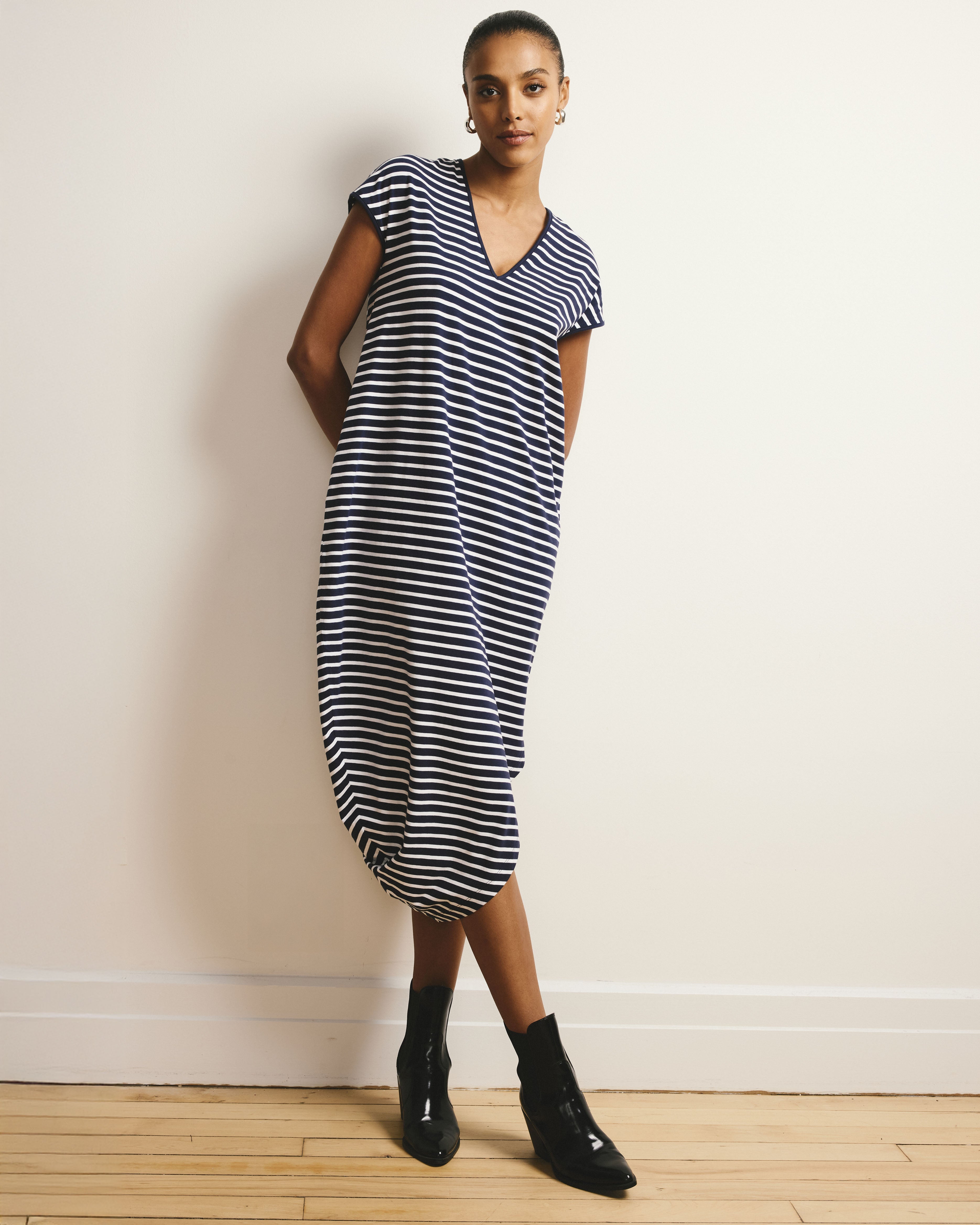 Iconic Geneva V-Neck Dress - Navy/White Stripe