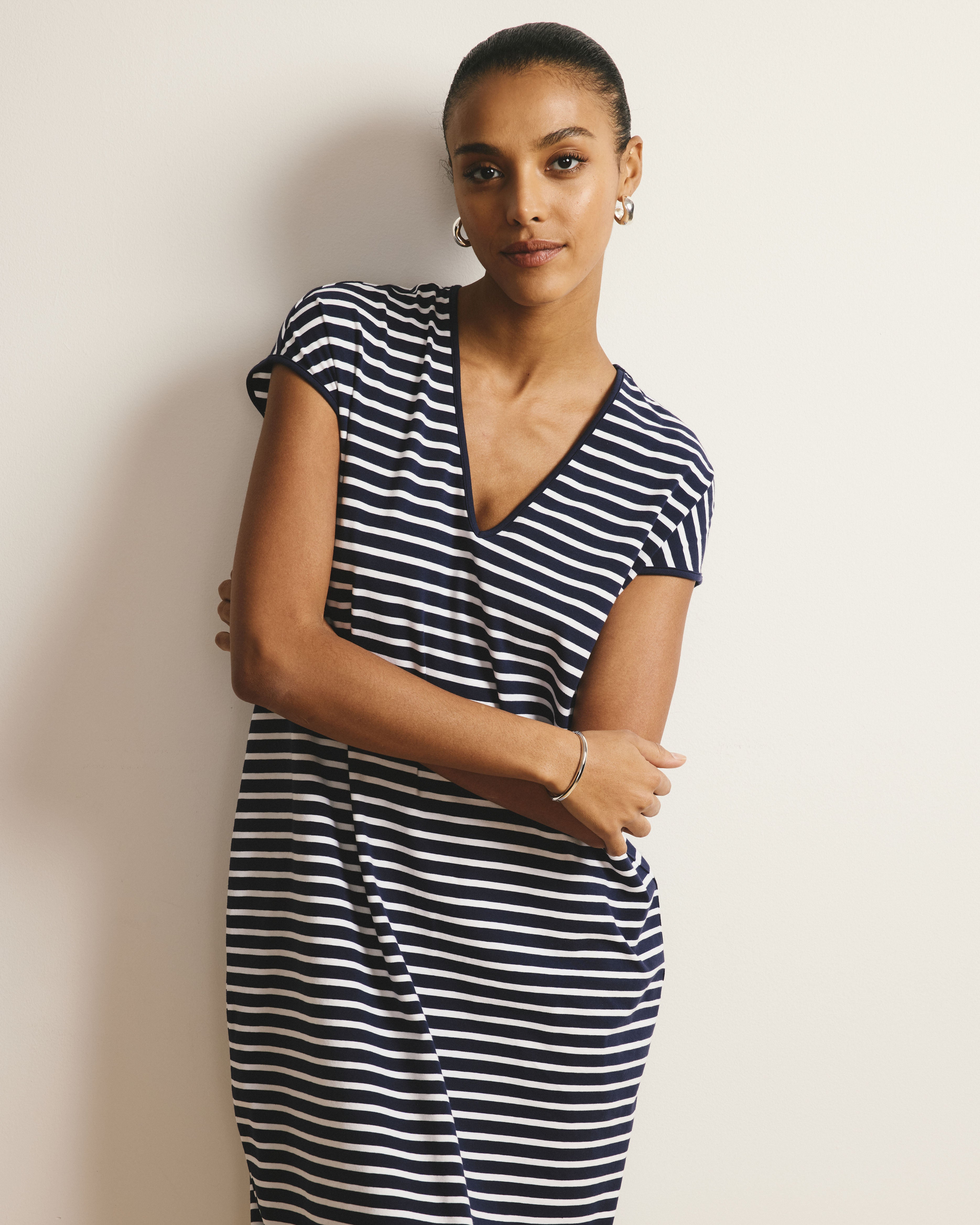 Iconic Geneva V-Neck Dress - Navy/White Stripe