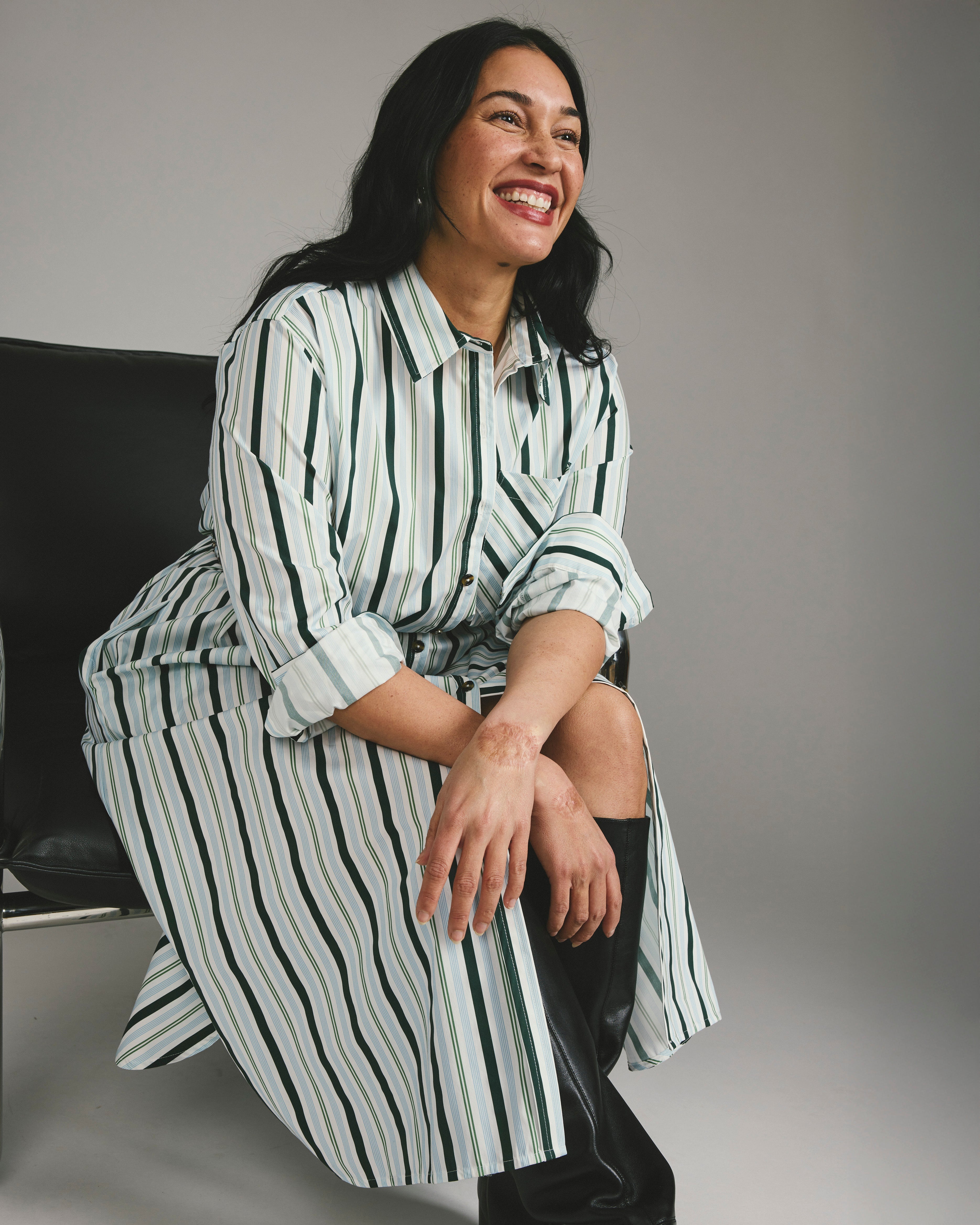 Odeon Stretch Poplin Shirtdress - Forest Green Multi Stripe