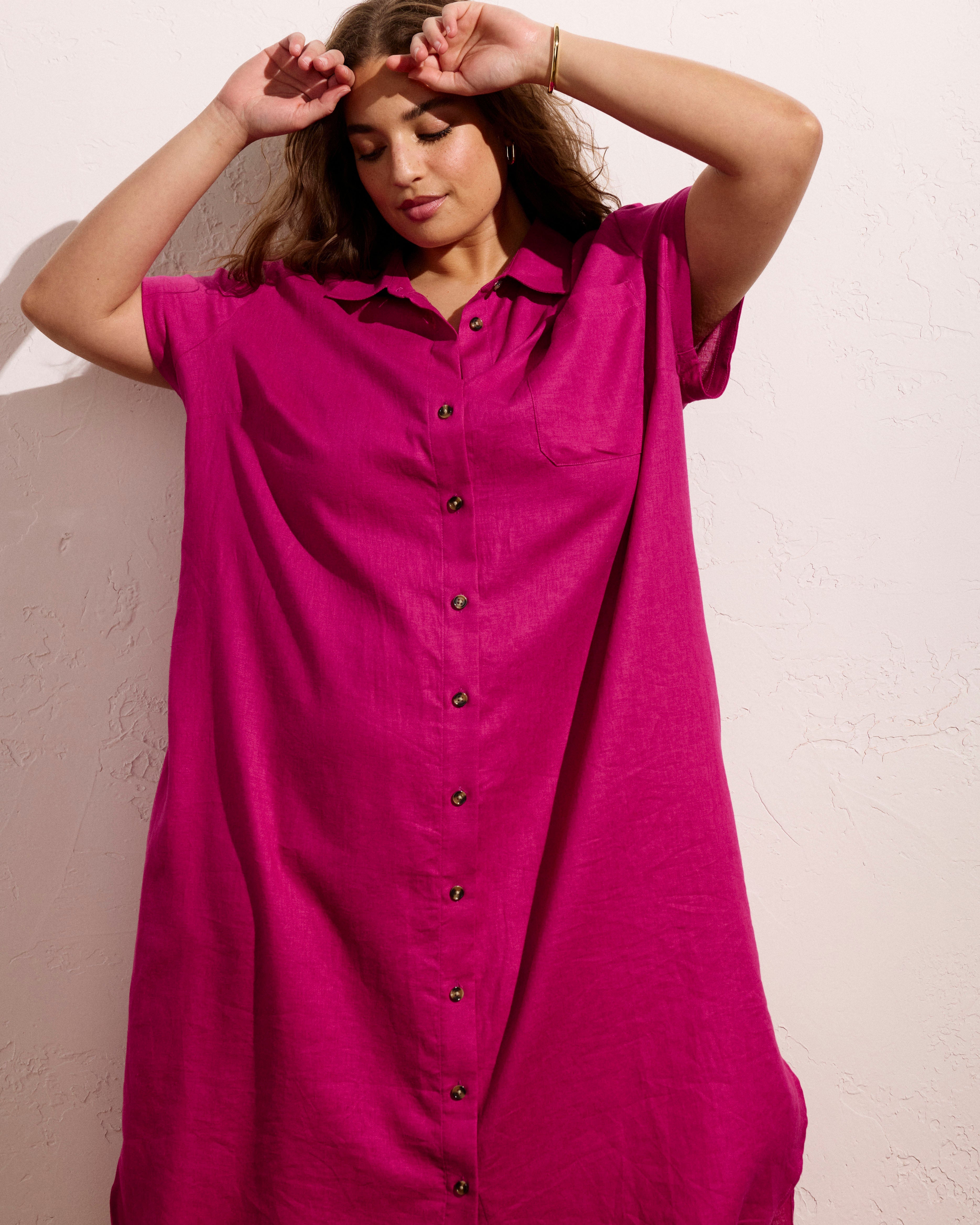 Dune Linen Shirtdress - Hyper Pink