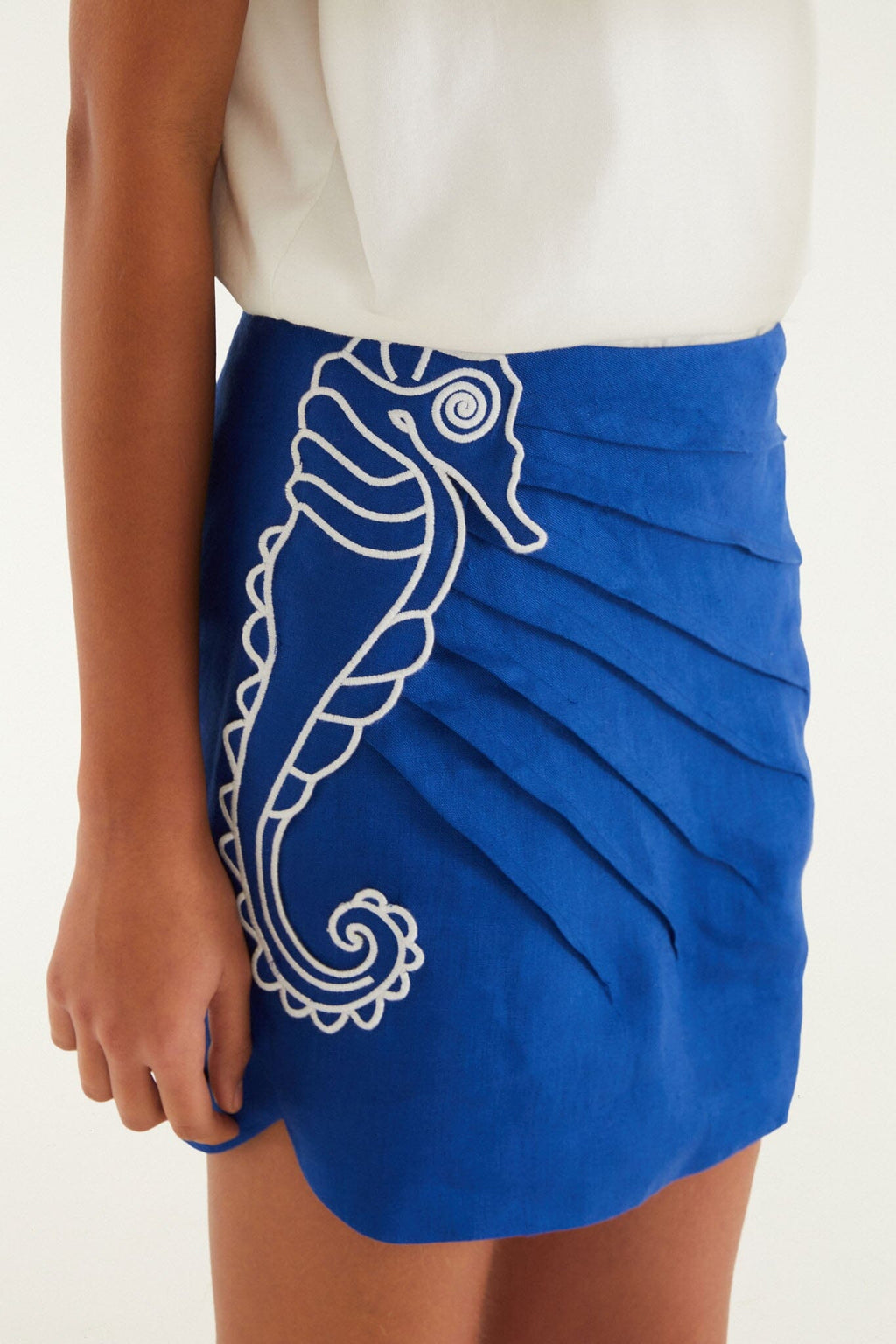 Blue Seahorse Embroidery Euroflax Premium Linen Mini Skirt