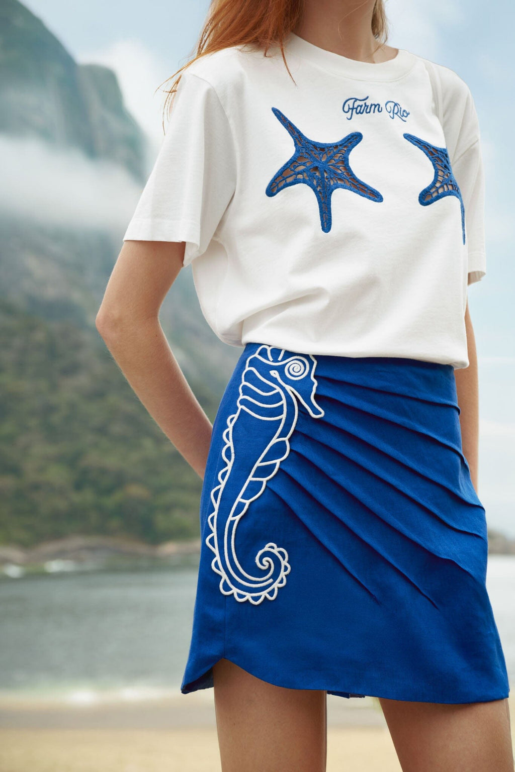 Blue Seahorse Embroidery Euroflax Premium Linen Mini Skirt