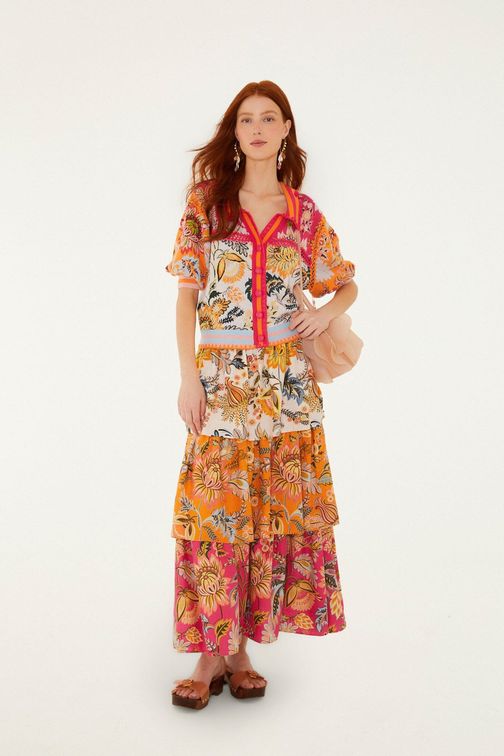 Multicolor Ligia Floral Mix Layered Lenzing Ecovero Euroflax Midi Skirt