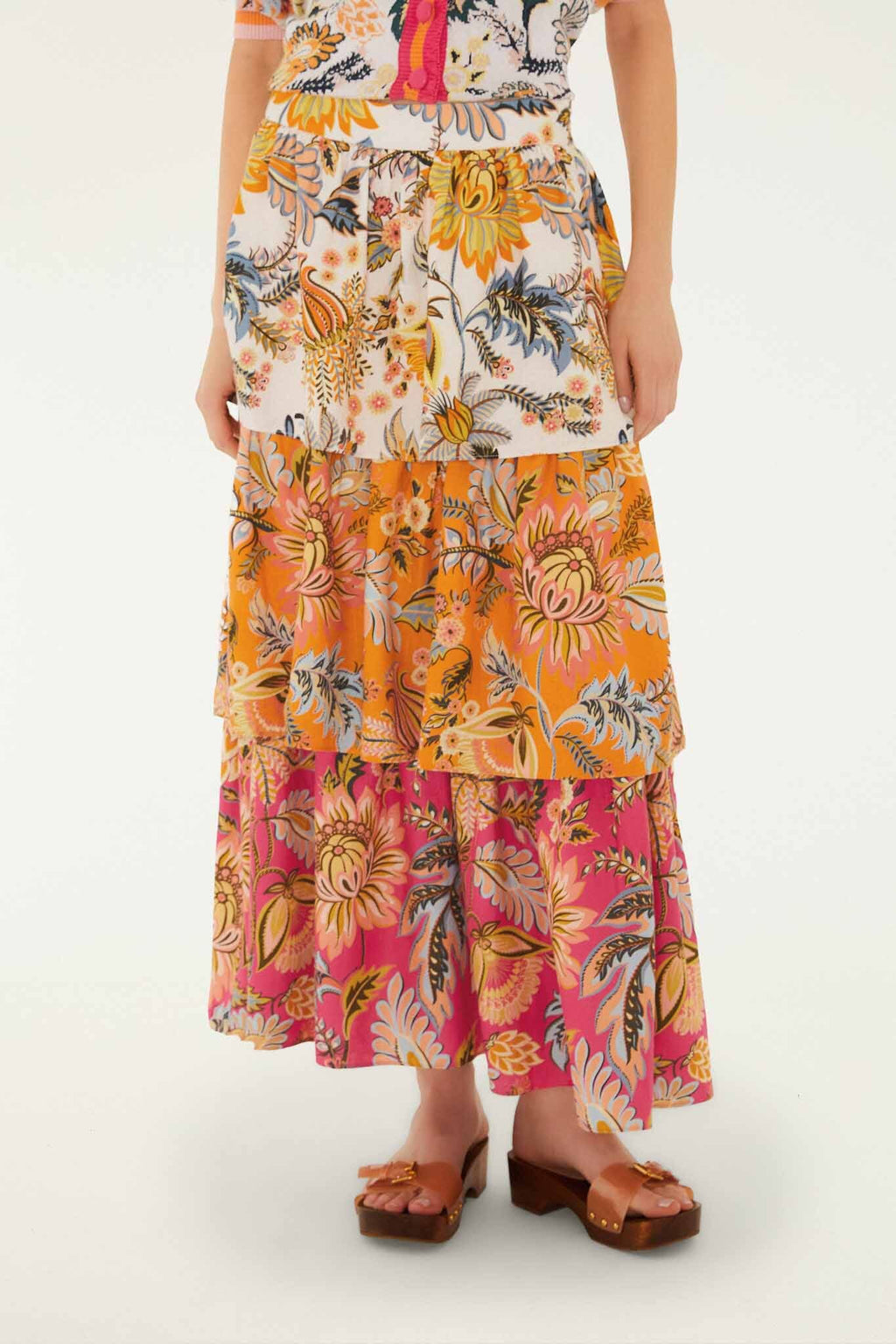 Multicolor Ligia Floral Mix Layered Lenzing Ecovero Euroflax Midi Skirt