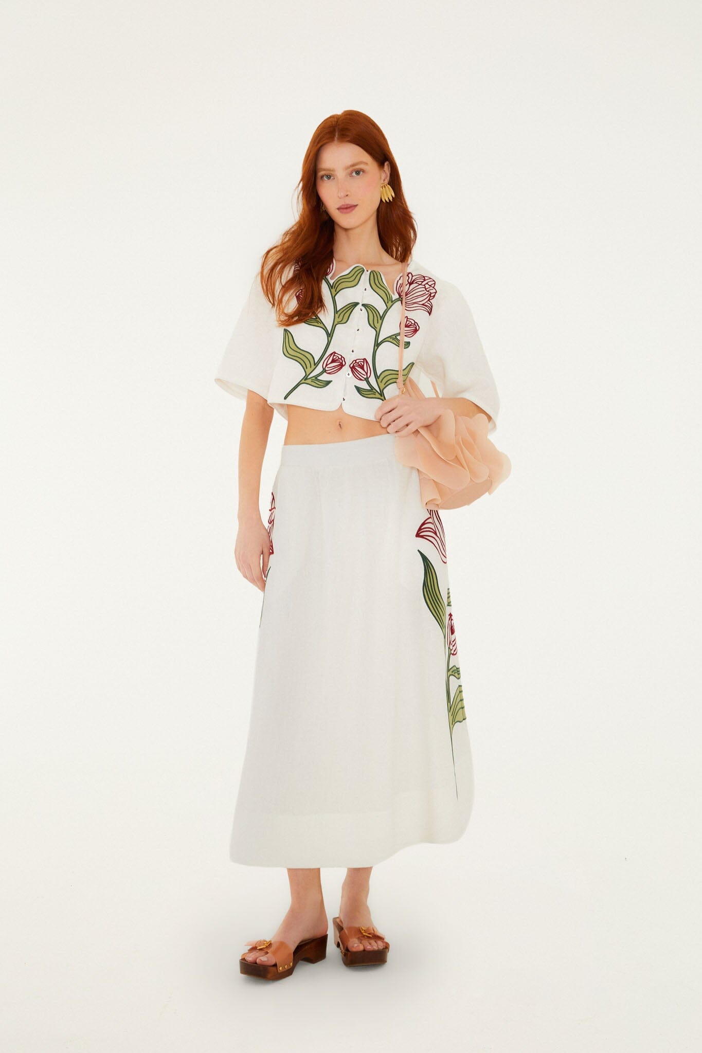 Off-White Flower Embroidered Euroflax Premium Linen Midi Skirt