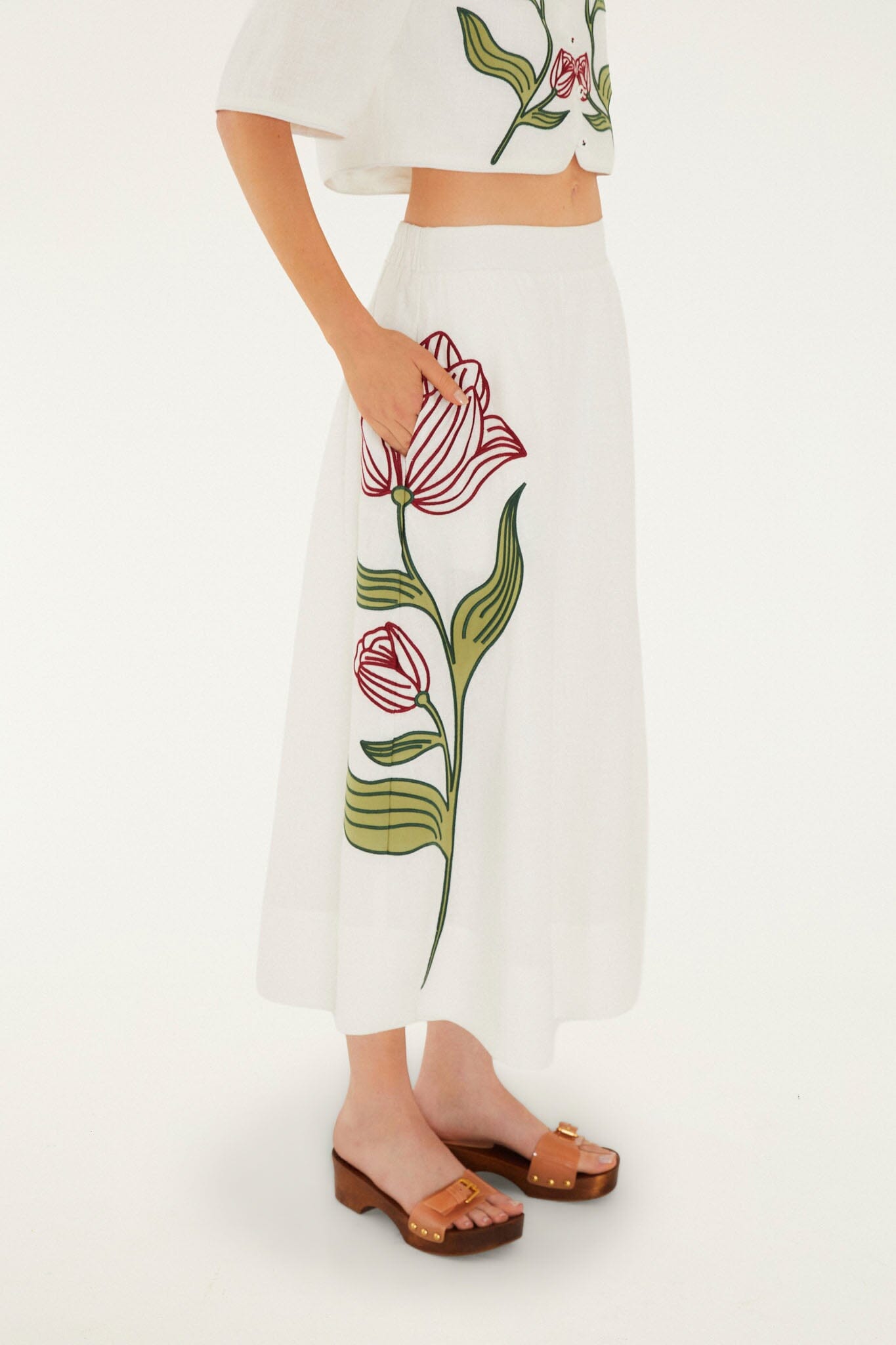 Off-White Flower Embroidered Euroflax Premium Linen Midi Skirt