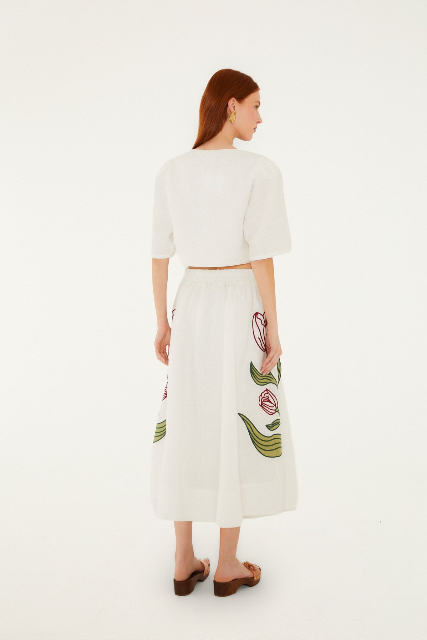 Off-White Flower Embroidered Euroflax Premium Linen Midi Skirt