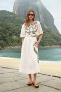 Off-White Flower Embroidered Euroflax Premium Linen Midi Skirt