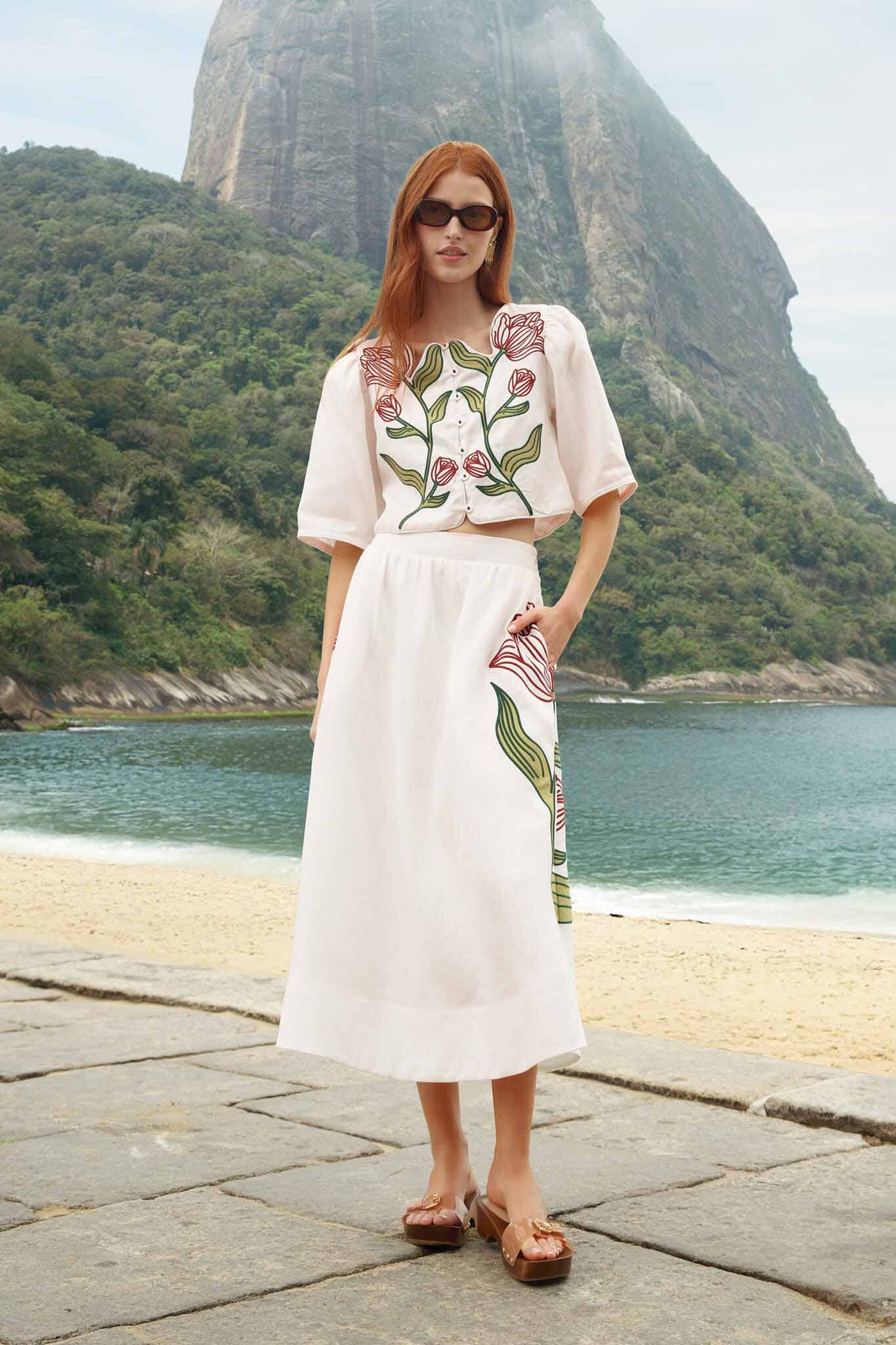 Off-White Flower Embroidered Euroflax Premium Linen Midi Skirt